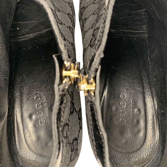 Gucci Monogram Double G D-Ring Canvas Ankle Booties US 7 Black Supreme Heels - Picture 7 of 14